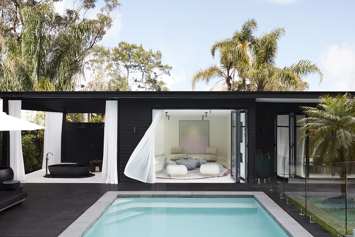 avalon pavilion house by nina maya interiors featuring travertine grigio chiaro
